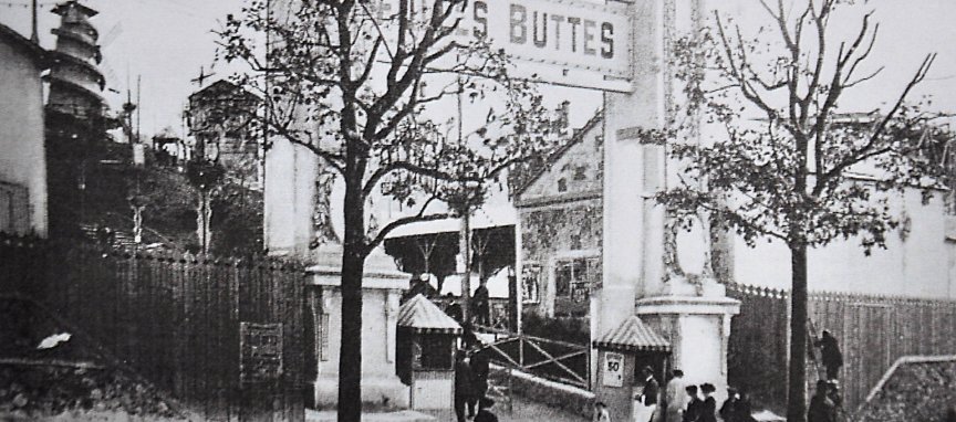 L'entrée principale du parc d'attraction Les Folles Buttes en 1912